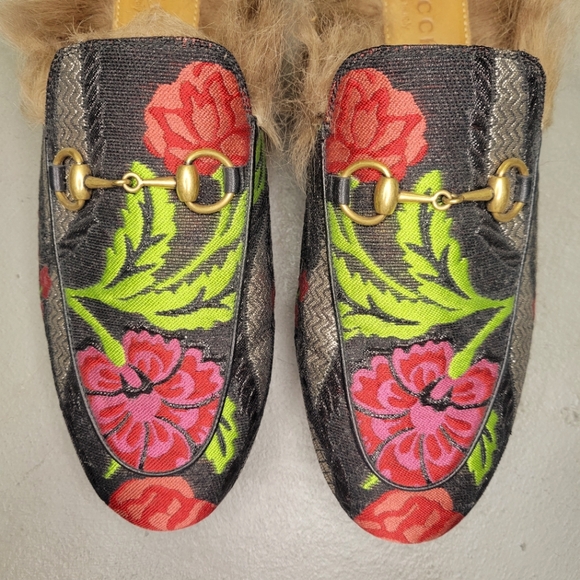 RE: Gucci Princetown Brocade Fur Trim Mules Size 36.5 Loafers Floral Jacquard - Picture 3 of 13